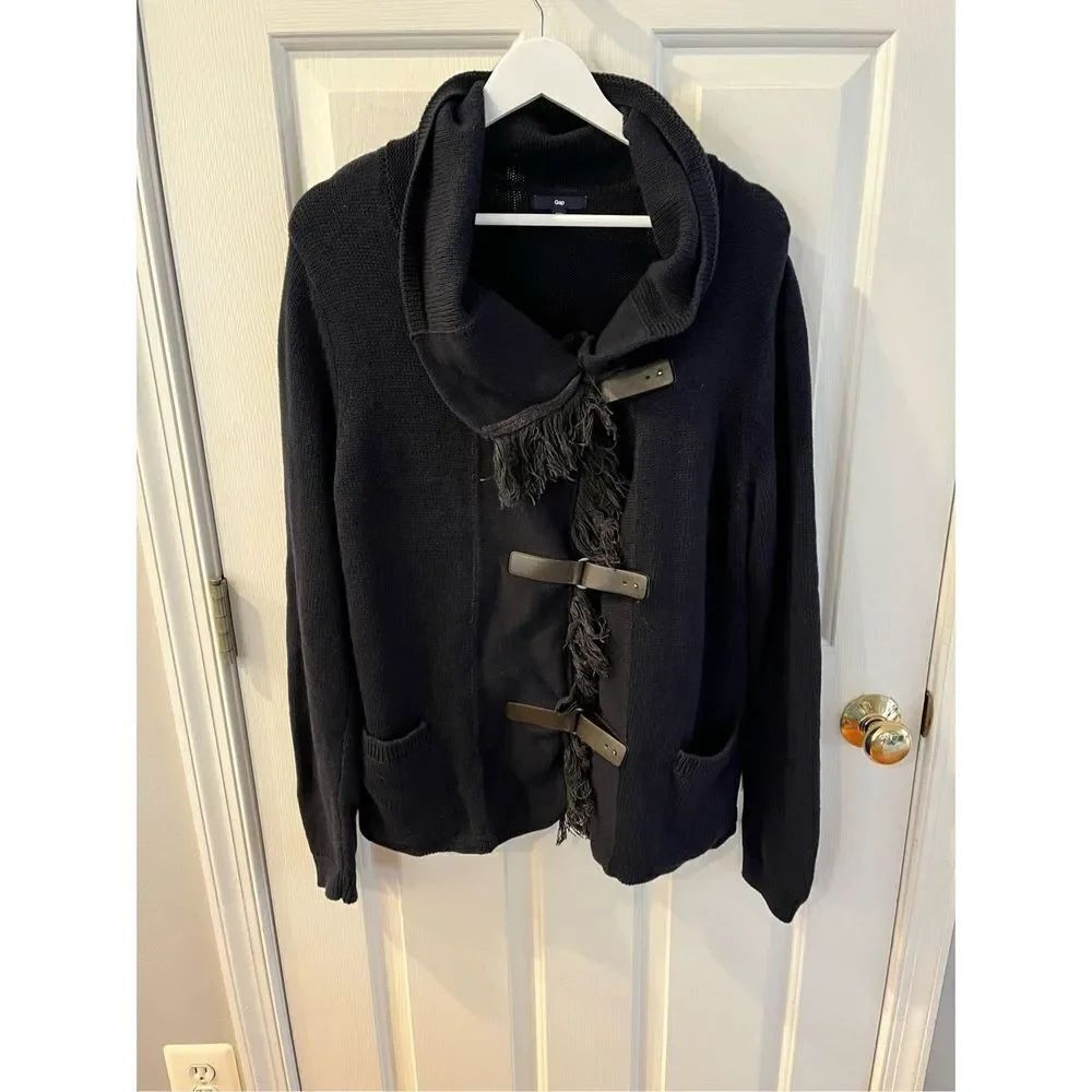 GAP Navy Fringe Front Buckle Cardigan Sweater sz L EUC